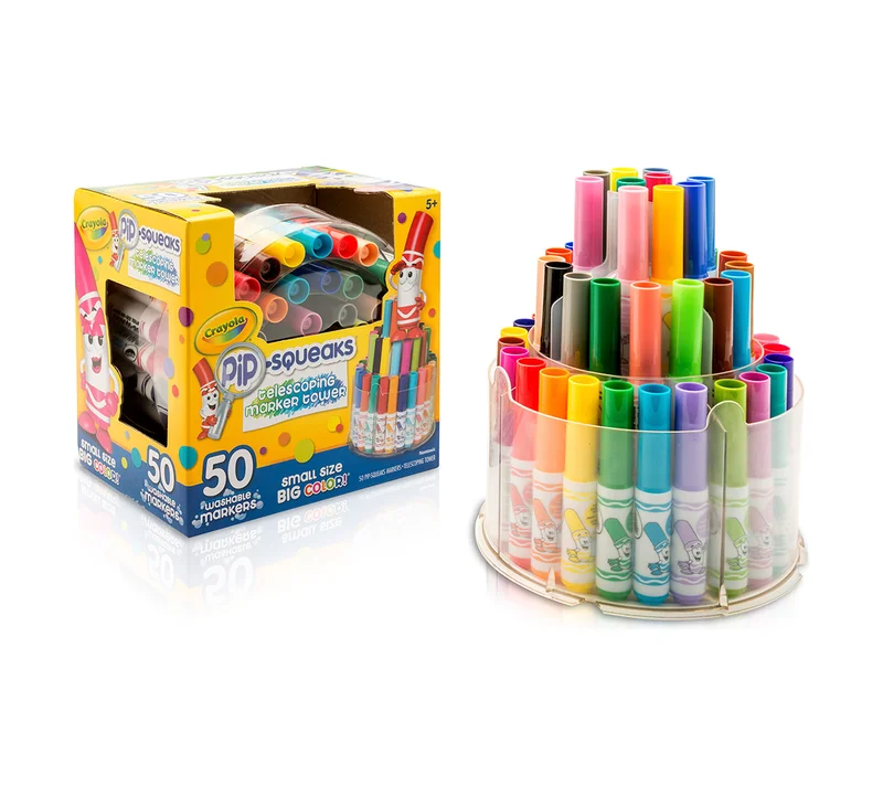 كرايولا Crayola Pip-Squeaks Telescoping Marker Tower – 50 Washable Mini Markers for Kids | Compact 3-Tier Storage, Easy to Clean, Non-Toxic Art Supplies for Creative Drawing & Coloring