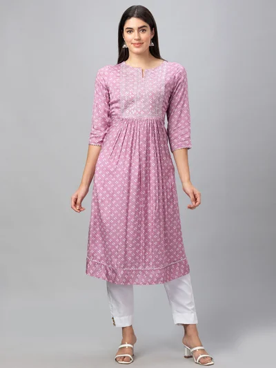 globus Women Embroidered Sequined Yoke Bandhani Printed Pleated A-Line Kurta