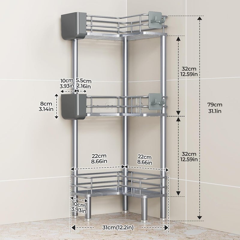 Orimade Set of 3 Standing Shower Shelves, Corner Shower Shelf, Freestanding, Shower Shelf, No Drilling Required for Bathroom, Silver - Image 2