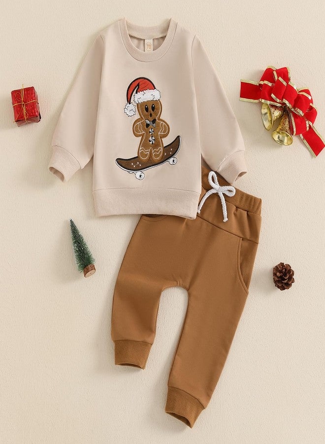 Rtnnsbbfcm Toddler Baby Boy Christmas Outfit Long Sleeve Gingerbread Man Embroidery Sweatshirt Top Pants Set (Khaki, 6-12 Months) - Image 2