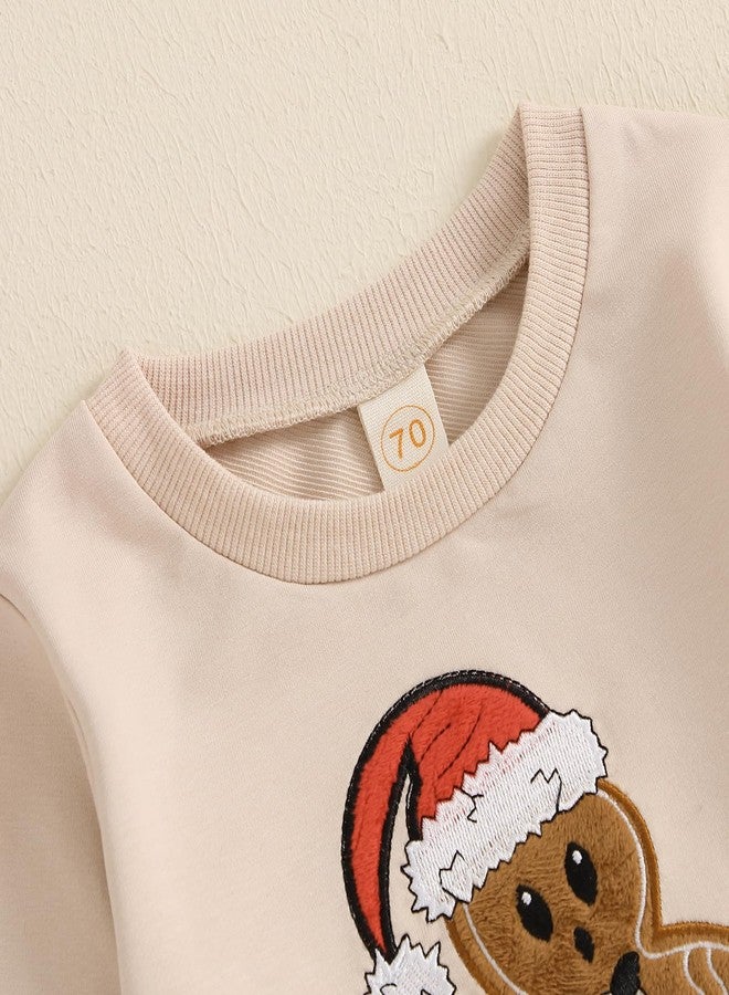 Rtnnsbbfcm Toddler Baby Boy Christmas Outfit Long Sleeve Gingerbread Man Embroidery Sweatshirt Top Pants Set (Khaki, 6-12 Months) - Image 4