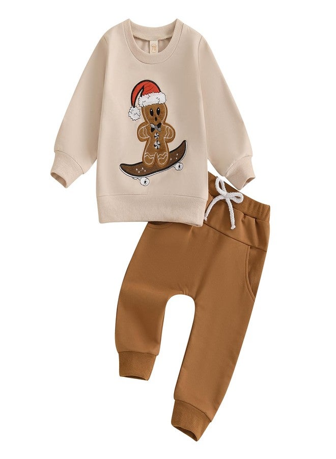 Rtnnsbbfcm Toddler Baby Boy Christmas Outfit Long Sleeve Gingerbread Man Embroidery Sweatshirt Top Pants Set (Khaki, 6-12 Months) - Image 1