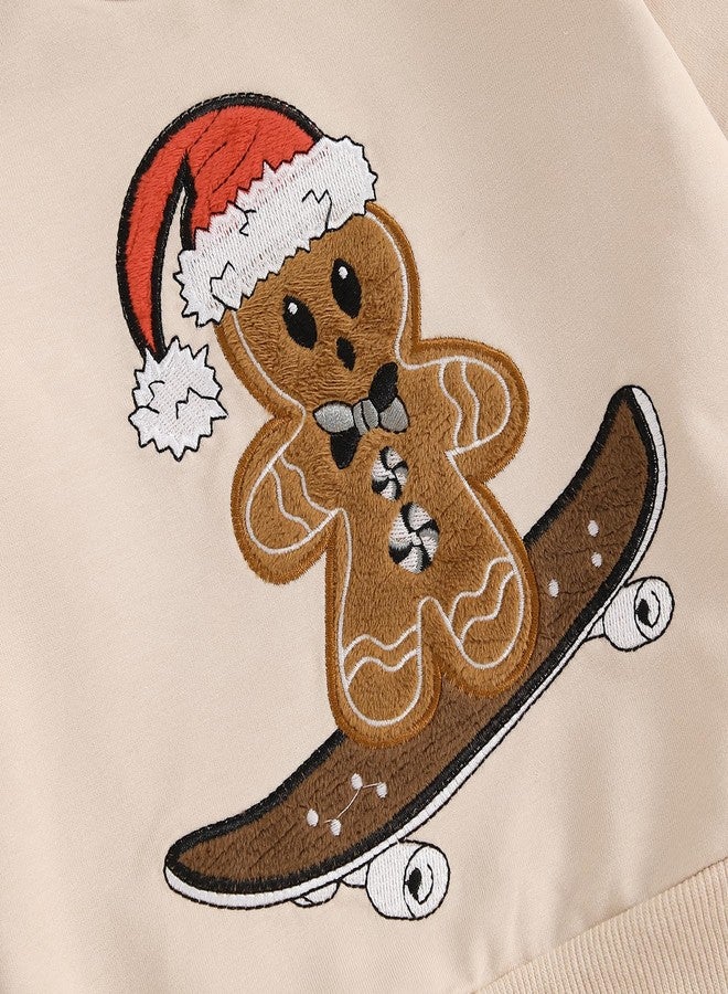 Rtnnsbbfcm Toddler Baby Boy Christmas Outfit Long Sleeve Gingerbread Man Embroidery Sweatshirt Top Pants Set (Khaki, 6-12 Months) - Image 5