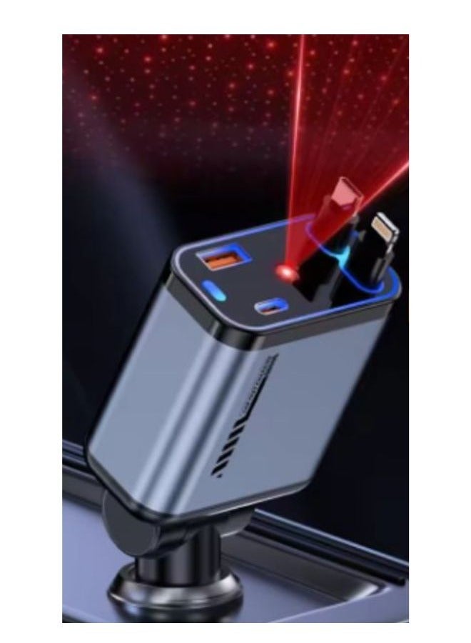 سمارتكس شاحن سيارة 4 في 1 قابل للسحب مزود بجهاز عرض النجوم ومصباح LED، شاحن سريع للهاتف، شاحن هاتف سيارة قابل للسحب مع كابلات قابلة للسحب للهاتف - Image 1