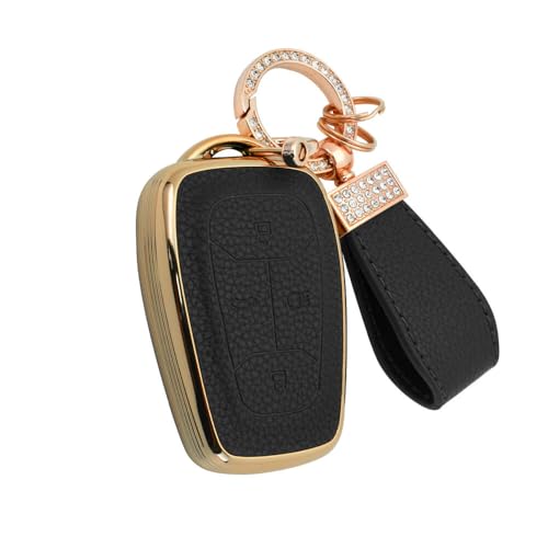 keyzone litchi leather textured TPU key cover & keychain for Tata Nexon, Harrier, Safari, Altroz, Punch, Tigor smart key (Black) - Image 1