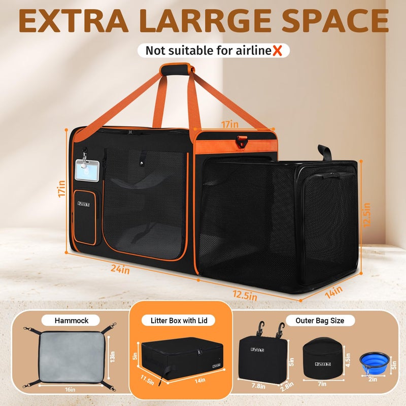 Petskd Side Expandable Extra Large Cat Carrier with Litter Box Area for Long Distance Car Travel,24"x17"x17" Collapsible Soft-Sided Large Pet Carrier with Zipper Locks for 2 Cats Under 55LBS(Black) - Image 3
