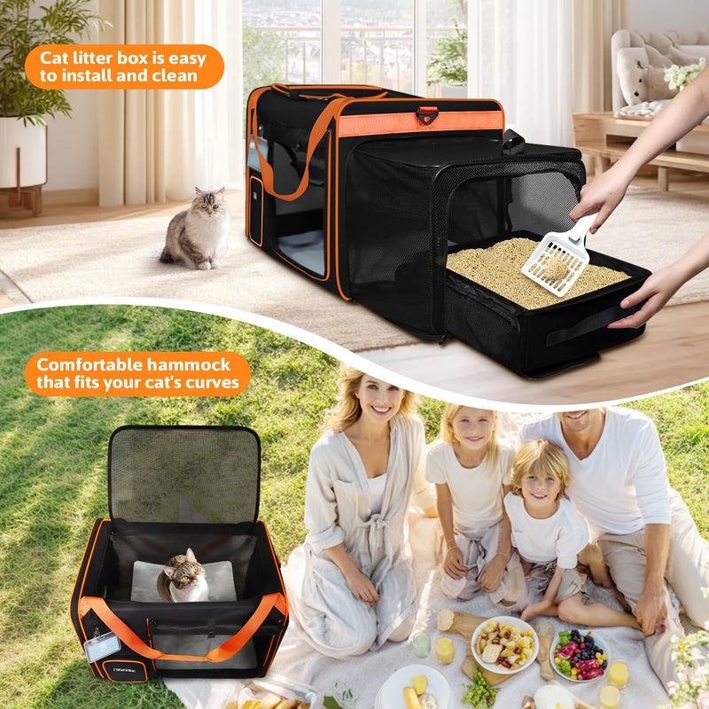 Petskd Side Expandable Extra Large Cat Carrier with Litter Box Area for Long Distance Car Travel,24"x17"x17" Collapsible Soft-Sided Large Pet Carrier with Zipper Locks for 2 Cats Under 55LBS(Black) - Image 5