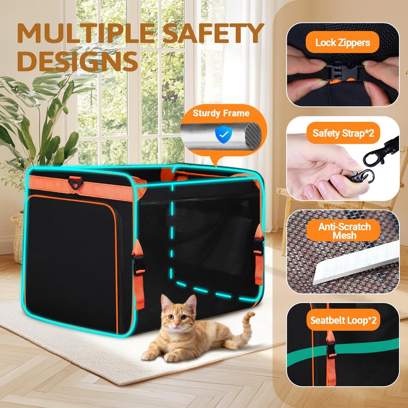 Petskd Side Expandable Extra Large Cat Carrier with Litter Box Area for Long Distance Car Travel,24"x17"x17" Collapsible Soft-Sided Large Pet Carrier with Zipper Locks for 2 Cats Under 55LBS(Black) - Image 4