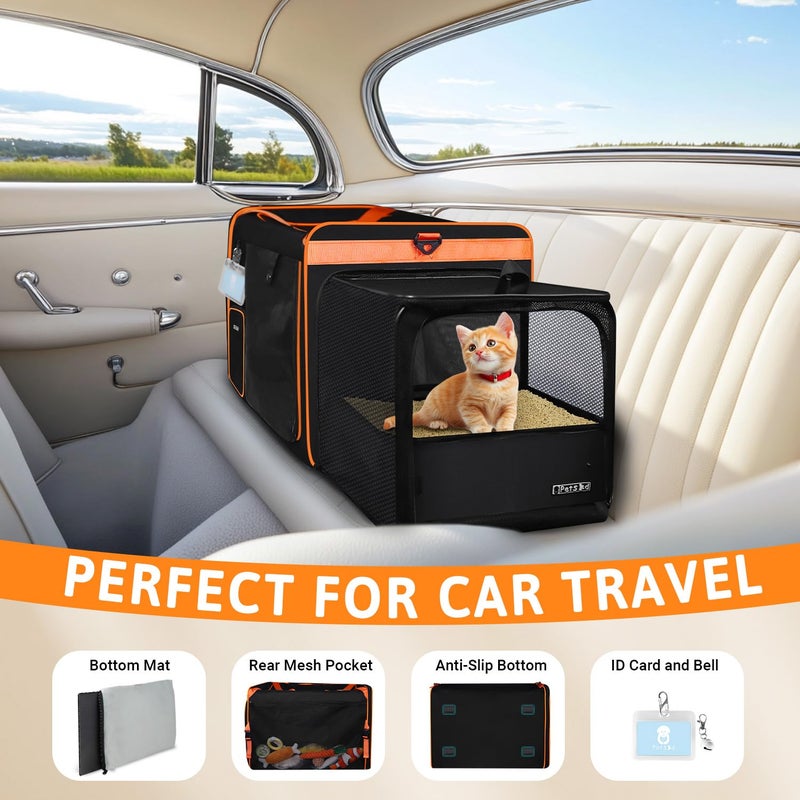 Petskd Side Expandable Extra Large Cat Carrier with Litter Box Area for Long Distance Car Travel,24"x17"x17" Collapsible Soft-Sided Large Pet Carrier with Zipper Locks for 2 Cats Under 55LBS(Black) - Image 2