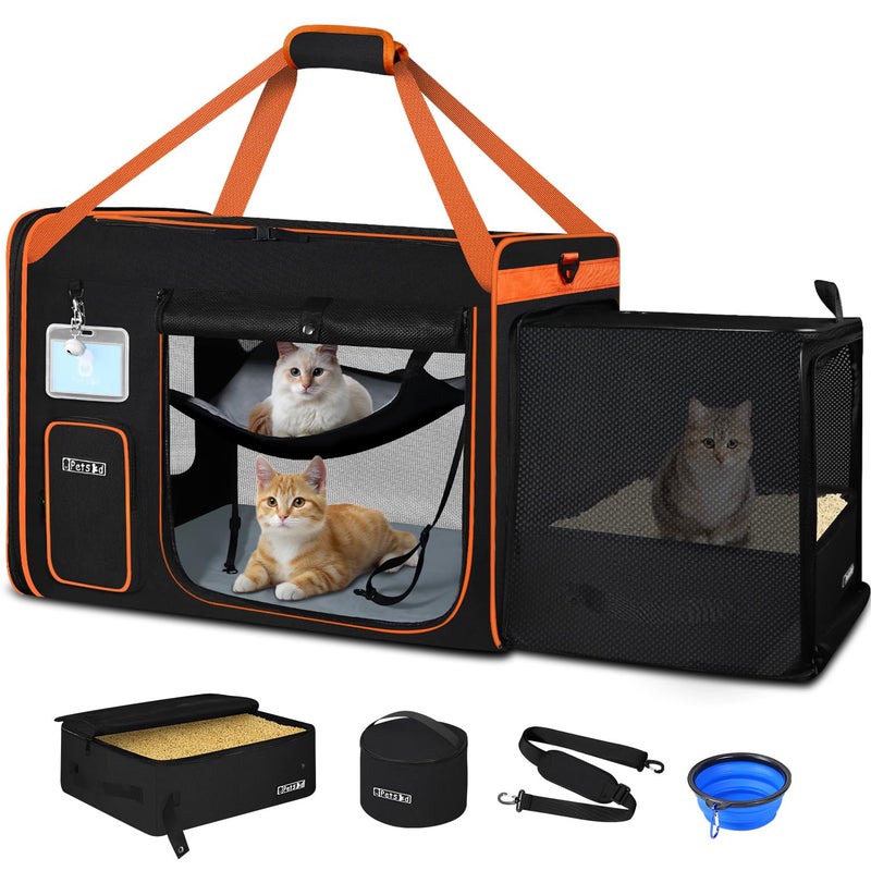 Petskd Side Expandable Extra Large Cat Carrier with Litter Box Area for Long Distance Car Travel,24"x17"x17" Collapsible Soft-Sided Large Pet Carrier with Zipper Locks for 2 Cats Under 55LBS(Black) - Image 1