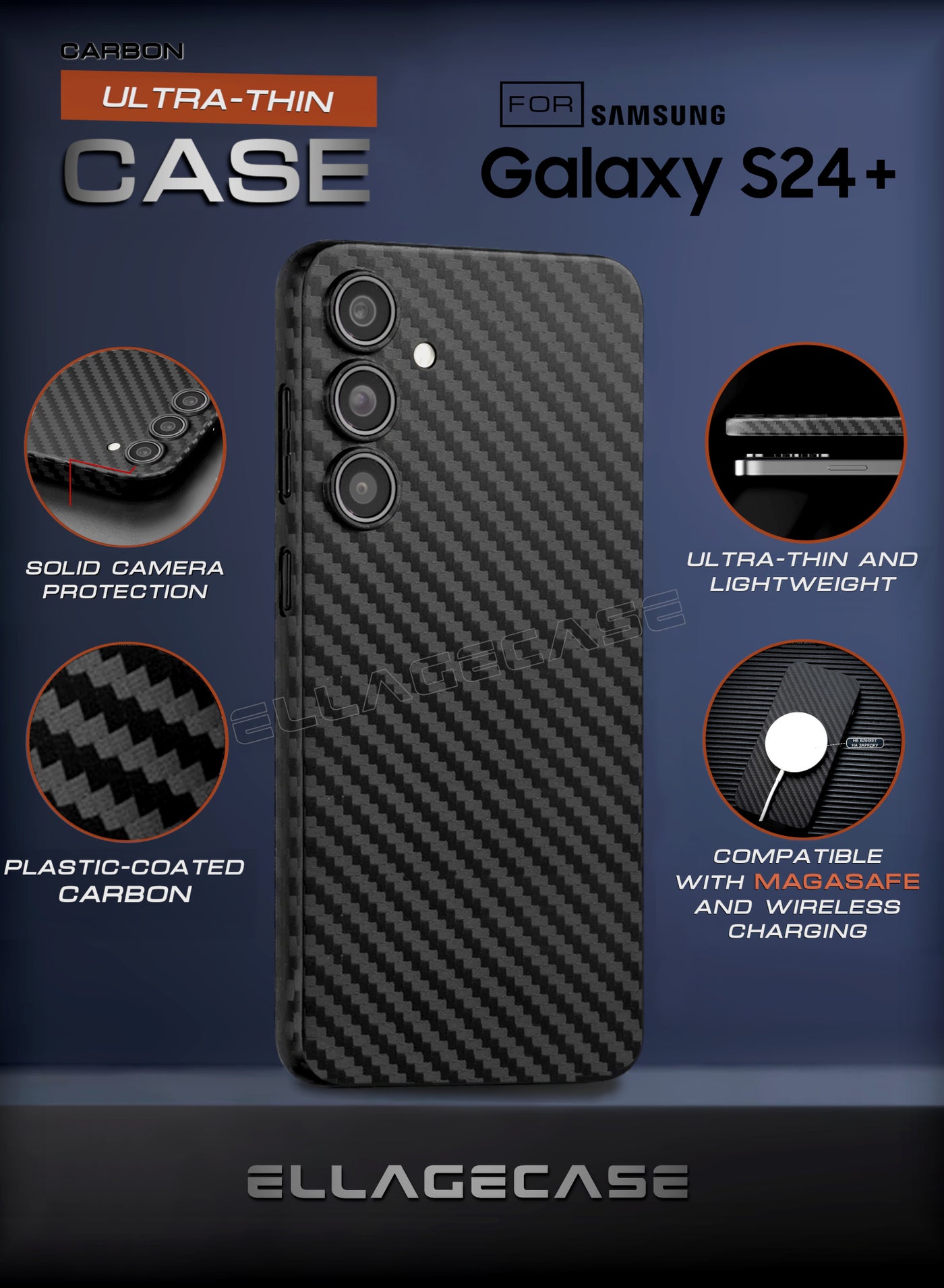 Case for Samsung Galaxy S24 Plus, Black Carbon, Solid Camera Protection, Ultra-thin and Lightweight, Plastic-coated Carbon, Compatible with Magsafe and Wireless Charging