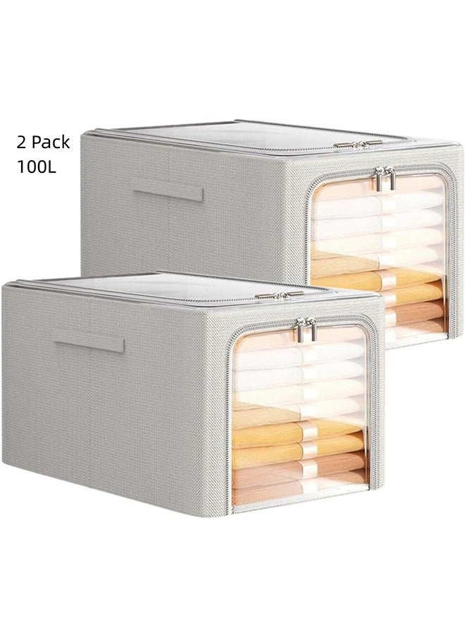 JCB CHIC Clothes Storage Bins with Metal Frame, Foldable Storage Box with Handles & Clear Window & Double Zippers, Fabric Closet Organizers and Storage Bins (100L) (2 Pack, Grey) - Image 1