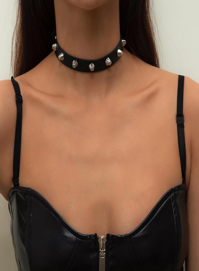 Aaishwarya Black Faux Leather Metal Spike Choker Necklace for Women & Girls | Stylish Party Necklaces | Statement Jewelry | Jewellery Gift | Chokers for Black Dress - Image 3