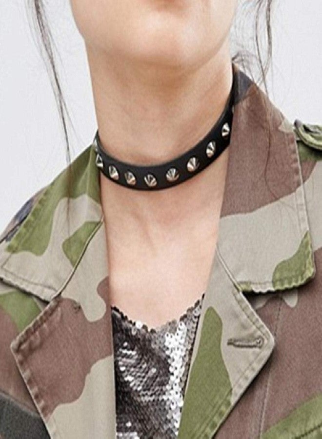 Aaishwarya Black Faux Leather Metal Spike Choker Necklace for Women & Girls | Stylish Party Necklaces | Statement Jewelry | Jewellery Gift | Chokers for Black Dress - Image 2