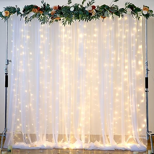 Suppromo White Tulle Backdrop Curtain with Lights String for Parites 10×8ft Sheer Backdrop Curtains White Curtain Backdrop for Wedding Baby Shower Birthday Party Photo Shoot Decorations(2 Panels 10ft×8ft) - Image 1