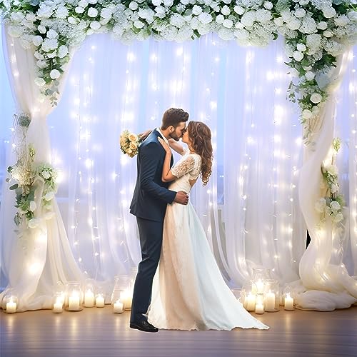 Suppromo White Tulle Backdrop Curtain with Lights String for Parites 10×8ft Sheer Backdrop Curtains White Curtain Backdrop for Wedding Baby Shower Birthday Party Photo Shoot Decorations(2 Panels 10ft×8ft) - Image 3