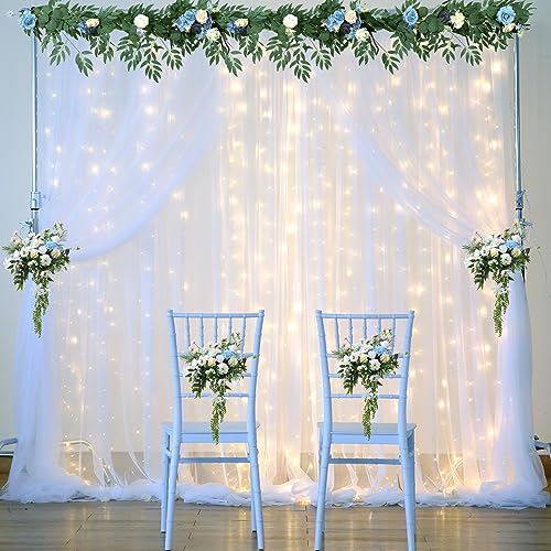 Suppromo White Tulle Backdrop Curtain with Lights String for Parites 10×8ft Sheer Backdrop Curtains White Curtain Backdrop for Wedding Baby Shower Birthday Party Photo Shoot Decorations(2 Panels 10ft×8ft) - Image 2