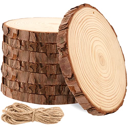 MANCHAP 8 PCS 7-8 Inch Craft Wood Slice with Hole, Unfinished Predrilled Wooden Circles with Hanging String, Round Log Discs Log Slices for DIY, Painting, Ornaments, Home Decor - Image 1