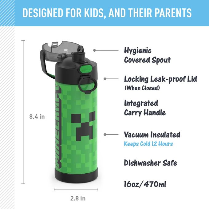THERMOS Funtainer 16 Ounce Stainless Steel Vacuum Insulated Bottle With Wide Spout Lid, Minecraft - Image 5