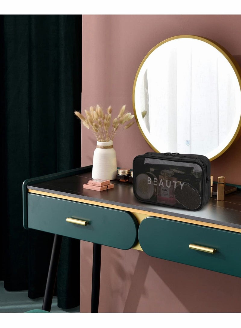 Excefore حقائب مستحضرات تجميل شبكية للنساء، منظم مكياج محمول للسيدات من النايلون، حقيبة بسحاب قابلة للتنفس، ملحقات السفر للمكاتب المنزلية، باللون الأسود - Image 5