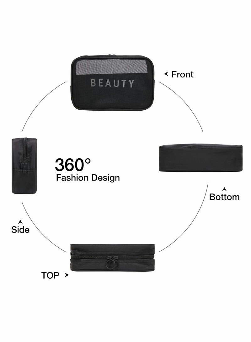 Excefore حقائب مستحضرات تجميل شبكية للنساء، منظم مكياج محمول للسيدات من النايلون، حقيبة بسحاب قابلة للتنفس، ملحقات السفر للمكاتب المنزلية، باللون الأسود - Image 2