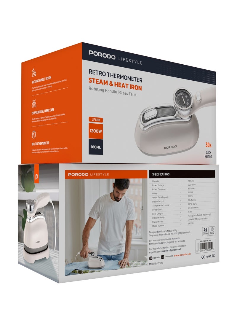 porodo - Steam & Heat Iron 160mL Retro 1200W Thermometer with Rotating Handle & Glass Tank / 30 Sec Quick Heating / Comprehensive Fabric Care / Built-in Thermometer / ABS + PC Material - White - Image 1