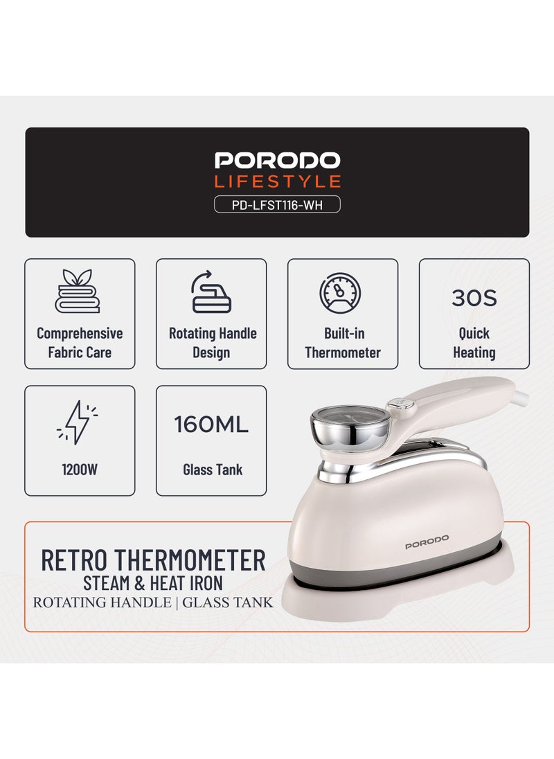 porodo - Steam & Heat Iron 160mL Retro 1200W Thermometer with Rotating Handle & Glass Tank / 30 Sec Quick Heating / Comprehensive Fabric Care / Built-in Thermometer / ABS + PC Material - White - Image 1