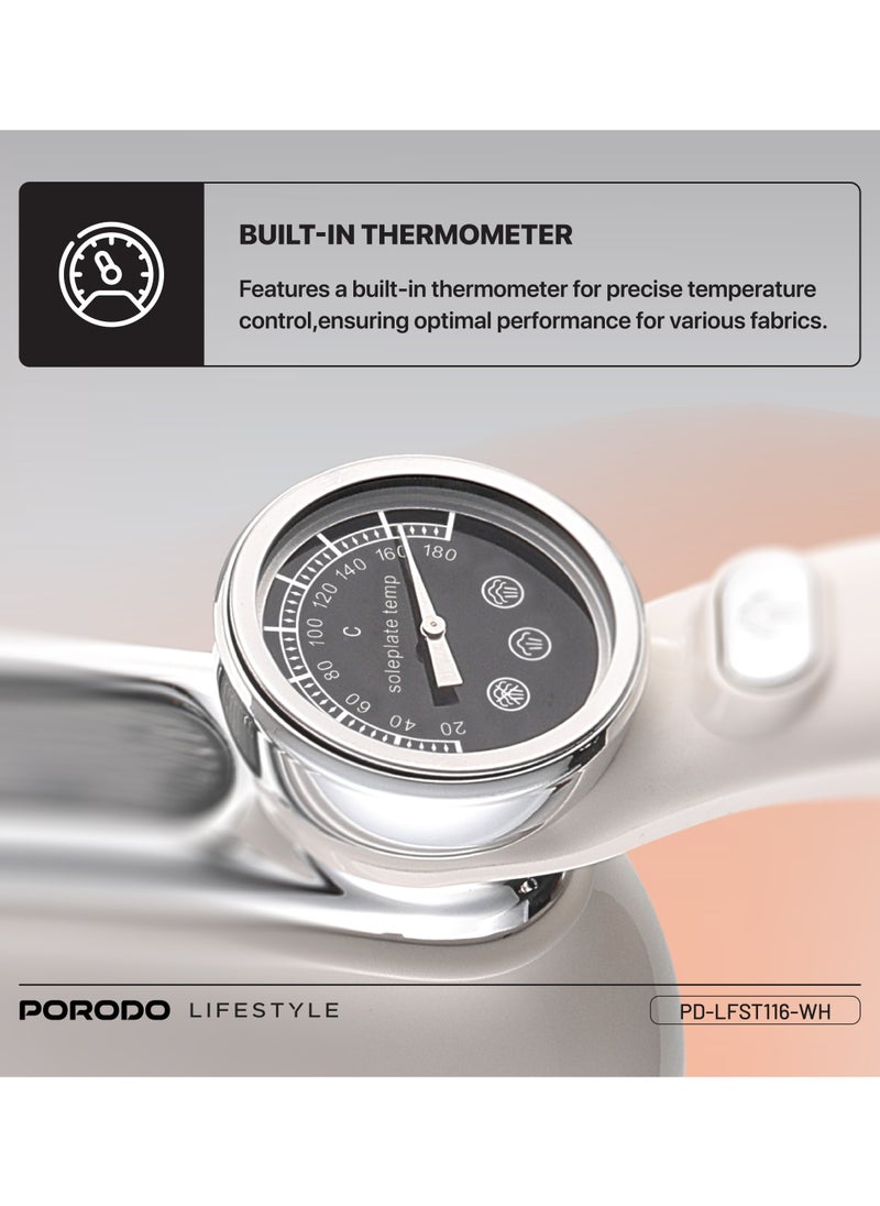 porodo - Steam & Heat Iron 160mL Retro 1200W Thermometer with Rotating Handle & Glass Tank / 30 Sec Quick Heating / Comprehensive Fabric Care / Built-in Thermometer / ABS + PC Material - White - Image 1