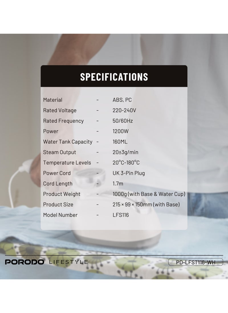 porodo - Steam & Heat Iron 160mL Retro 1200W Thermometer with Rotating Handle & Glass Tank / 30 Sec Quick Heating / Comprehensive Fabric Care / Built-in Thermometer / ABS + PC Material - White - Image 1