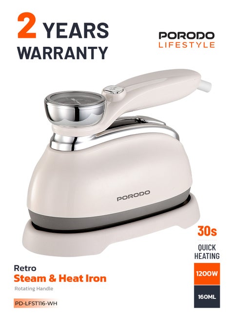 Steam & Heat Iron 160mL Retro 1200W Thermometer with Rotating Handle & Glass Tank / 30 Sec Quick Heating / Comprehensive Fabric Care / Built-in Thermometer / ABS + PC Material - White