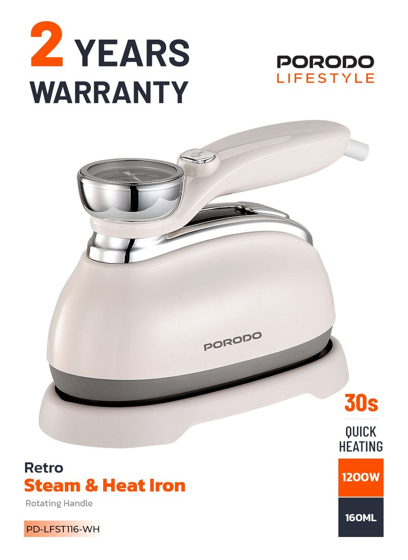 Steam & Heat Iron 160mL Retro 1200W Thermometer with Rotating Handle & Glass Tank / 30 Sec Quick Heating / Comprehensive Fabric Care / Built-in Thermometer / ABS + PC Material - White