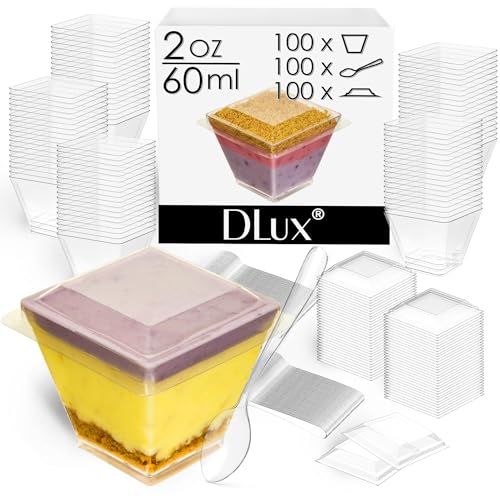 DLux 100 x 2oz Square Mini Dessert Cups with Spoons and Lids Clear Plastic Parfait Appetizer Cup  Small Reusable Serving Bowl for Tasting Party Desserts Appetizers  With Recipe Ebook