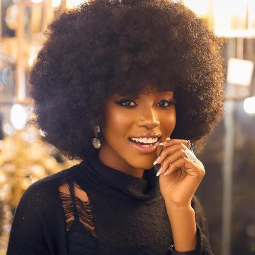 Aminow 70's Afro Wig for Women, Natural Black Short Afro Kinky Curly Wig, Glueless Synthetic Wig with Bangs, Puffy & Fluffy Bouncy Afro Wig for Daily Cosplay Party - Image 1