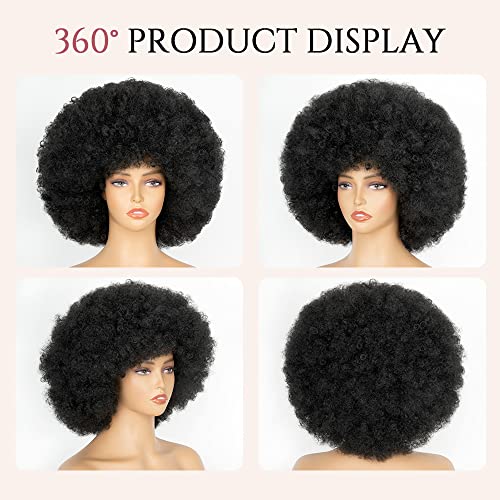 Aminow 70's Afro Wig for Women, Natural Black Short Afro Kinky Curly Wig, Glueless Synthetic Wig with Bangs, Puffy & Fluffy Bouncy Afro Wig for Daily Cosplay Party - Image 3