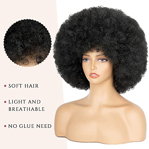 Aminow 70's Afro Wig for Women, Natural Black Short Afro Kinky Curly Wig, Glueless Synthetic Wig with Bangs, Puffy & Fluffy Bouncy Afro Wig for Daily Cosplay Party - Image 2
