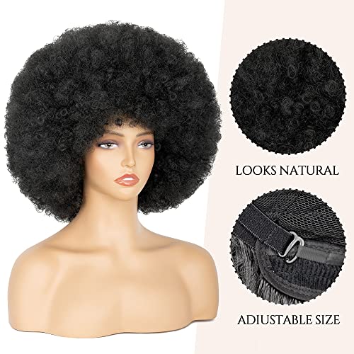 Aminow 70's Afro Wig for Women, Natural Black Short Afro Kinky Curly Wig, Glueless Synthetic Wig with Bangs, Puffy & Fluffy Bouncy Afro Wig for Daily Cosplay Party - Image 4