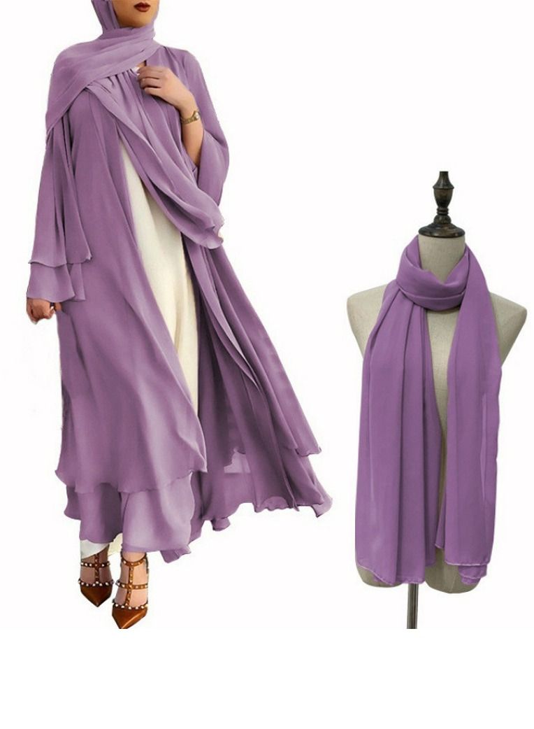 Loquat Women's Solid Color Flared Long-Sleeved Abaya with Turban Women's Elegant Long Cardigan Dress Two-Piece Set Purple 