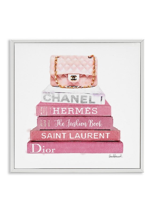 Stupell Industries Pink Book Stack Fashion Handbag Wall Art, 17 x 17, White Framed - Image 1