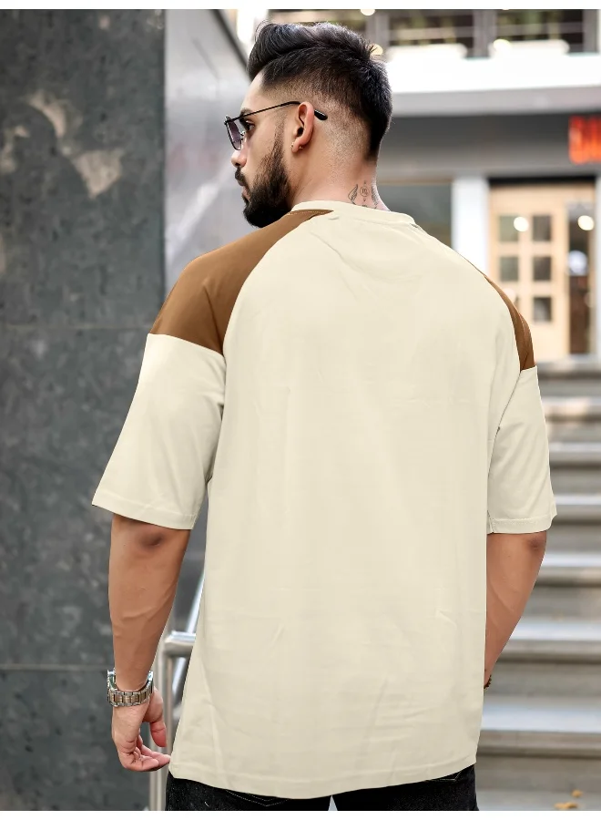 Maniac  Maniac Mens Printed Round Neck Raglan Half Sleeve Biscuit and Brown Cotton T-Shirt for Men | Best Price UAE