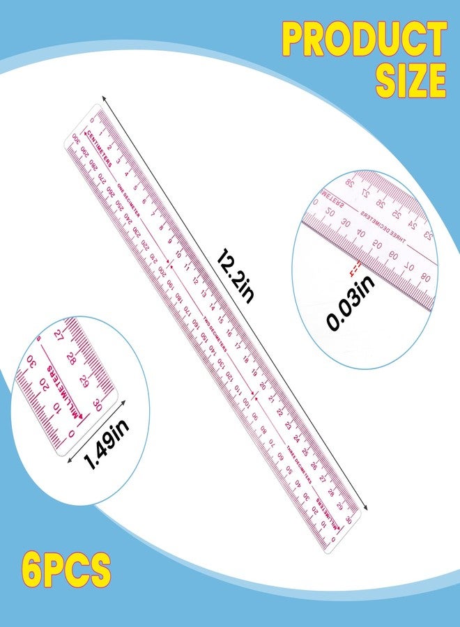 Tosstuki 6 Pack 30cm Plastic Metric Rulers Millimeter Ruler Centimeter Ruler with 3 Scales Small Clear Measuring Tools Transparent Metric Rulers for School Designers Architects and Engineers - Image 2