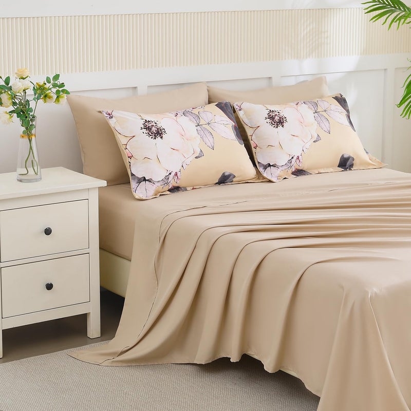 Yogeneg Queen Comforter Set 7 Piece Bed in a Bag,White Black Floral Botanical Pattern Khaki Bedding Set,Soft Microfiber Comforter with Sheet Set,All Season Bed Set(Khaki,Queen) - Image 4