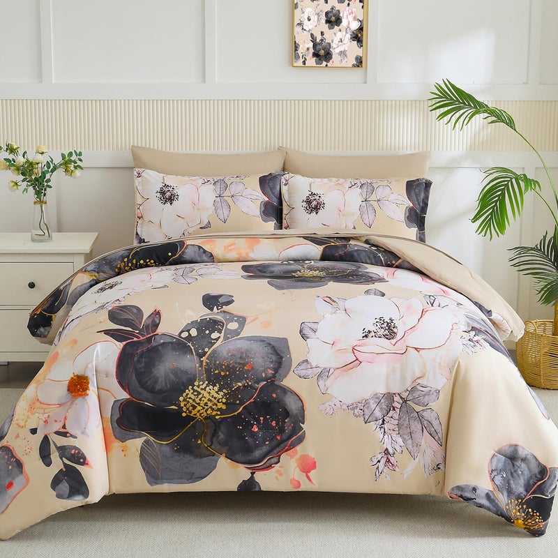 Yogeneg Queen Comforter Set 7 Piece Bed in a Bag,White Black Floral Botanical Pattern Khaki Bedding Set,Soft Microfiber Comforter with Sheet Set,All Season Bed Set(Khaki,Queen) - Image 1