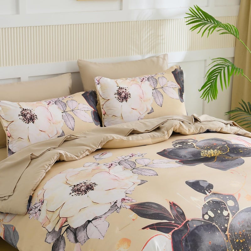 Yogeneg Queen Comforter Set 7 Piece Bed in a Bag,White Black Floral Botanical Pattern Khaki Bedding Set,Soft Microfiber Comforter with Sheet Set,All Season Bed Set(Khaki,Queen) - Image 2