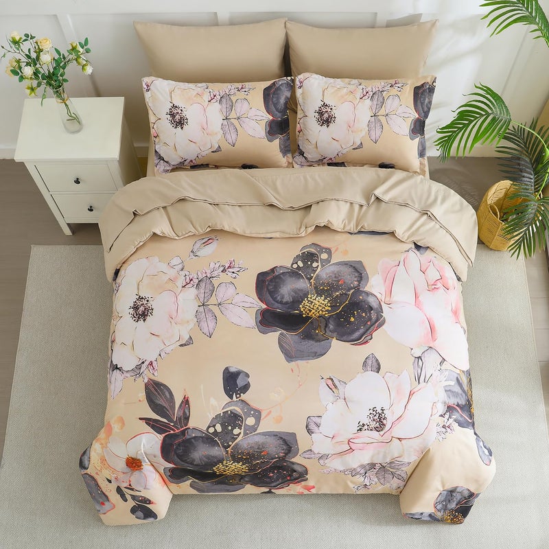 Yogeneg Queen Comforter Set 7 Piece Bed in a Bag,White Black Floral Botanical Pattern Khaki Bedding Set,Soft Microfiber Comforter with Sheet Set,All Season Bed Set(Khaki,Queen) - Image 3
