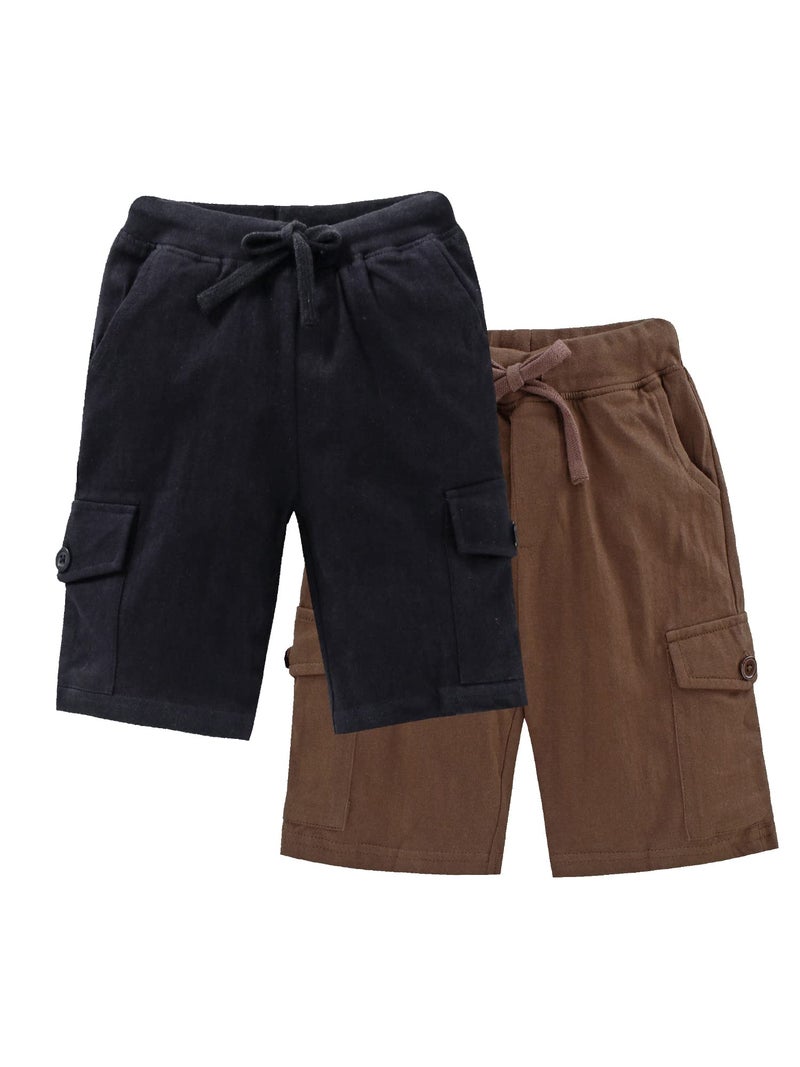 KiddoPanti Boy's Solid Knit Cargo Shorts Pack of 2|100% Cotton Single Jersey Knit|Drawstring Closure, Rib Waistband, 2 Front & 2 Cargo Pockets | Casual Half Pant, Brown & Jet Black - 10-12Y - Image 1
