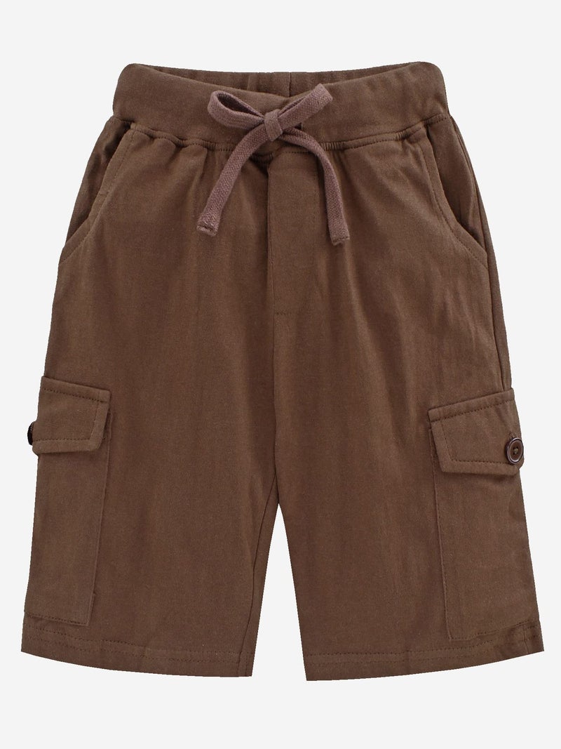 KiddoPanti Boy's Solid Knit Cargo Shorts Pack of 2|100% Cotton Single Jersey Knit|Drawstring Closure, Rib Waistband, 2 Front & 2 Cargo Pockets | Casual Half Pant, Brown & Jet Black - 10-12Y - Image 3