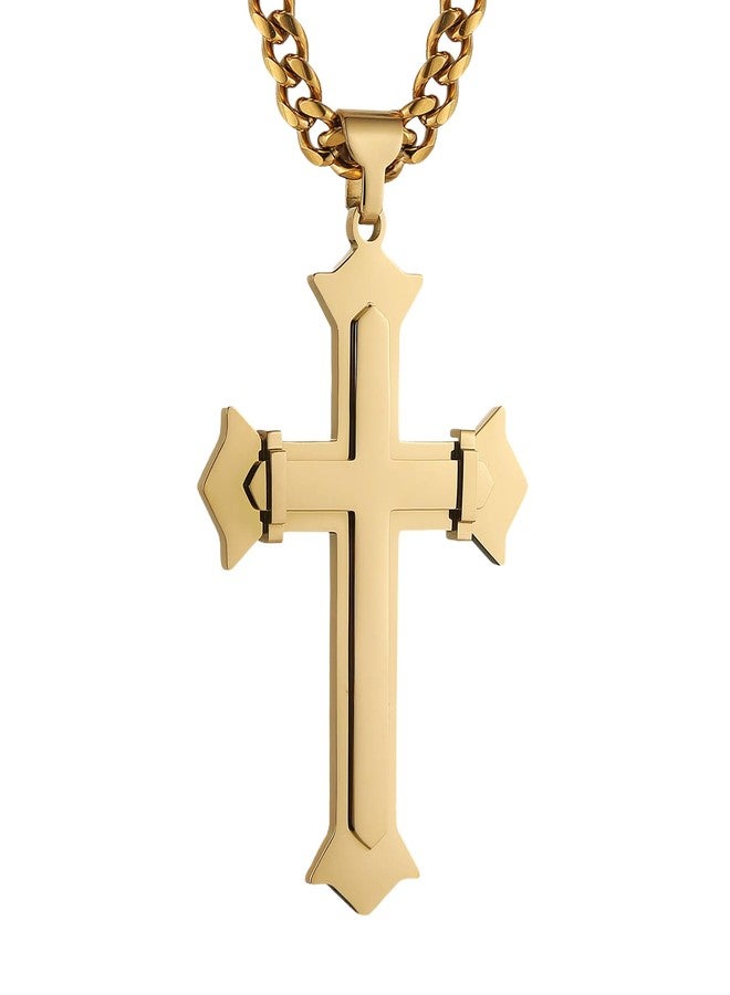 HZMAN Large Cross Necklace for Men High Polished Stainless Steel Heavy Oversize Gold Cross Pendant Christian Faith Jewelry Gift 7mm Cuban Chain - Image 1