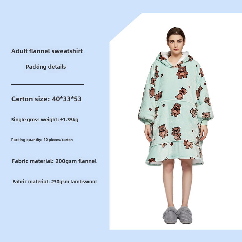 Oversized Hoodie Blanket Flannel Couples Loungewear Mint Green Bear-Adult Double Layer 