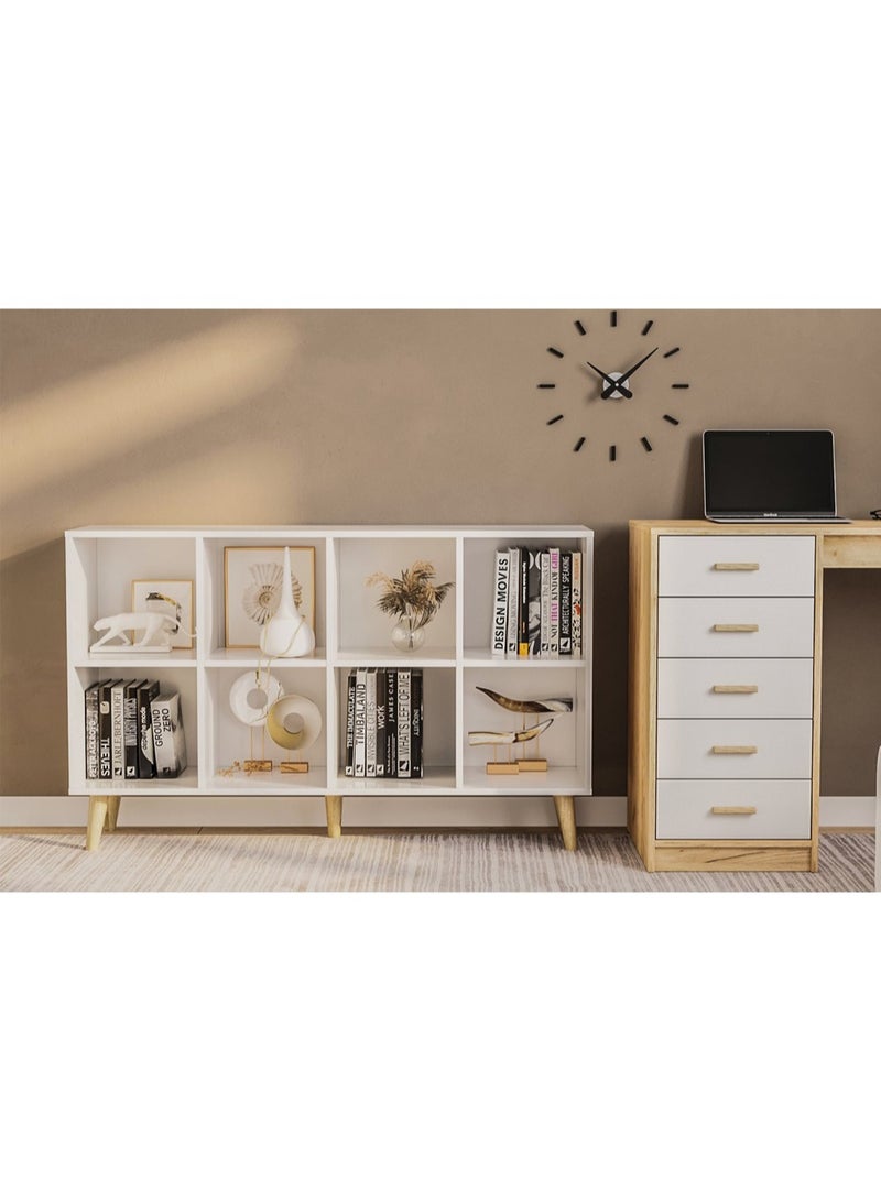 إيه جي دي خزانة كتب خشبية قائمة بذاتها من طبقتين تشتمل على 8 مكعبات مع ارجل بتصميم عصري بسيط أرفف مفتوحة للتخزين، لون أبيض - Image 4