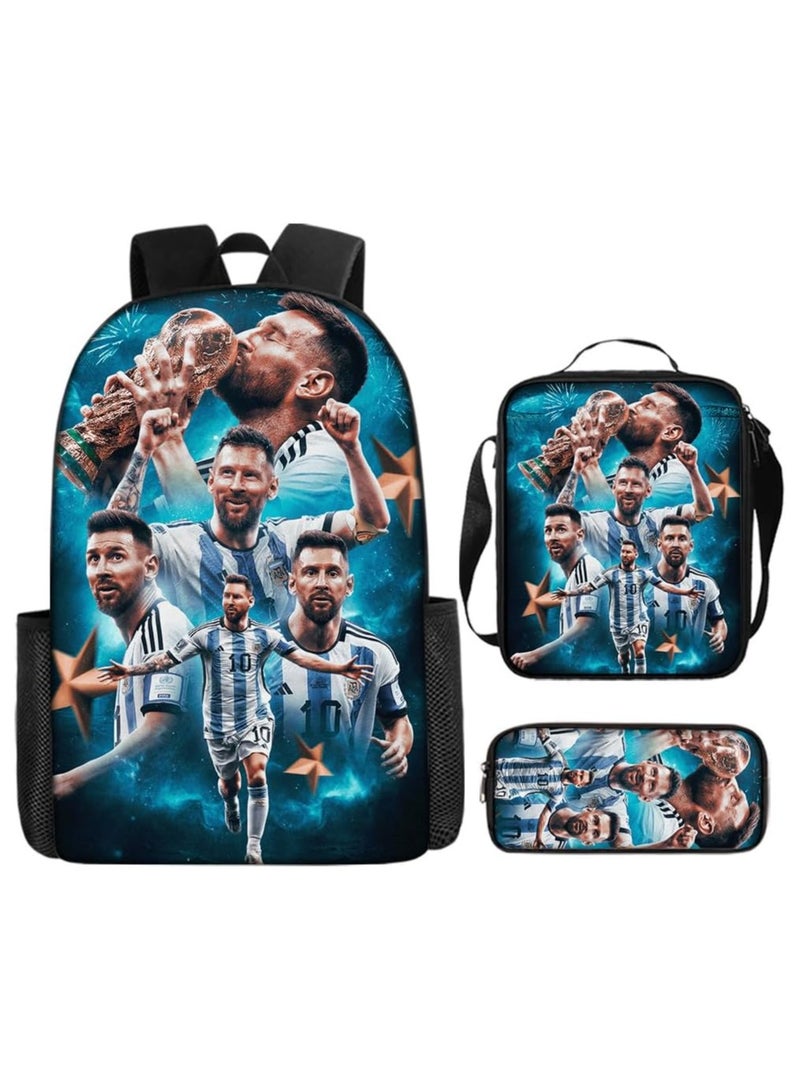 3PCS Backpack Set,MESSI Soccer Backpack,Large Capacity Casual Backpack with Lunch Bag and Pencil case for Boys Girls Fans